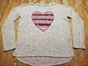 GAP Kids Girls L/S Shirt Sz Med Gray Sweater Pullover Top Pink Sequin Heart EUC! - Picture 1 of 5