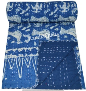 Colcha reversible de algodón Gudri Indian Kantha Throw azul índigo Kantha - Imagen 1 de 5
