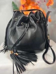 G.I.L.I Got It Love It Black Pebbled Leather Fringe Drawstring Bucket Bag - Picture 1 of 10