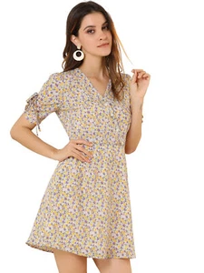 Allegra K Women's Floral Puff Sleeves V Neck Ruched Cuffs Wrap Dress - Picture 1 of 7
