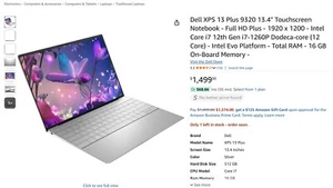 Dell XPS 13 Plus 9320 Core i7 12th Gen 4.7GHz TOUCHSCREEN 16GB RAM 1TB SSD WARNT - Picture 1 of 13