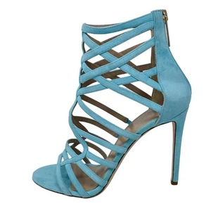 Tamara Mellon aqua/turquoise suede cage strap stiletto sandals size 37.5 US7-7.5 - Picture 1 of 14