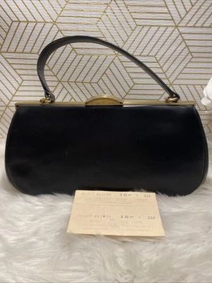 VTG 50’s Block Black Leather Top Handle Satchel Purse W/ New York City Receipt - Image 1 of 4