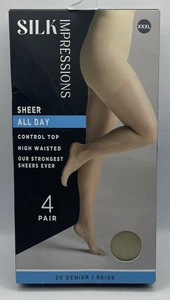 Silk Impressions Pantyhose 4 Pack 3XL Sheer All Day Beige 20 Denier High Waisted - Picture 1 of 4