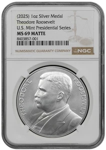 2025 Theodore Roosevelt Presidential Silver Medal NGC MS 69 Matte+Mint Box & COA - Picture 1 of 8
