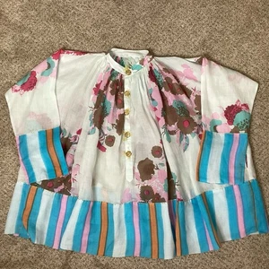 Yvonne S Handmade Linen Blouse Boho Oversized Floral Stripes Sm - Picture 1 of 13