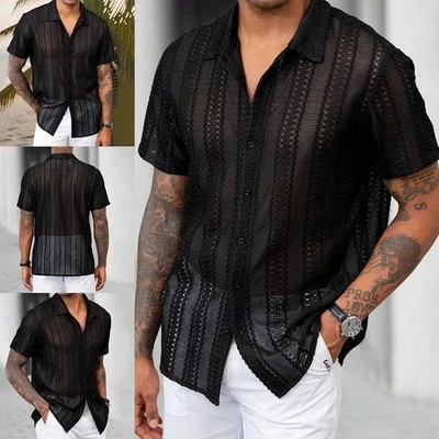 See Through Short Sleeve Shirt Beach Brand New Daily Wear Polyester Fabric - Image 1 of 4