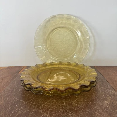 Vintage Mid-Century MCM Hazelware Yellow Glass Dinner Plates Pebbled Ruffle Edge - Image 1 of 4