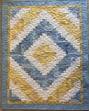 Handmade Blue and Yellow Log Cabin Baby Boy’s Quilt, 36 x 45 1/2”