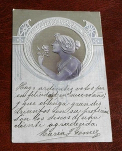 ORIGINAL ART NOUVEAU GLAMOUR EMBOSSED POSTCARD - WOMAN & ROSE IN PANEL, SILVER. - Picture 1 of 2