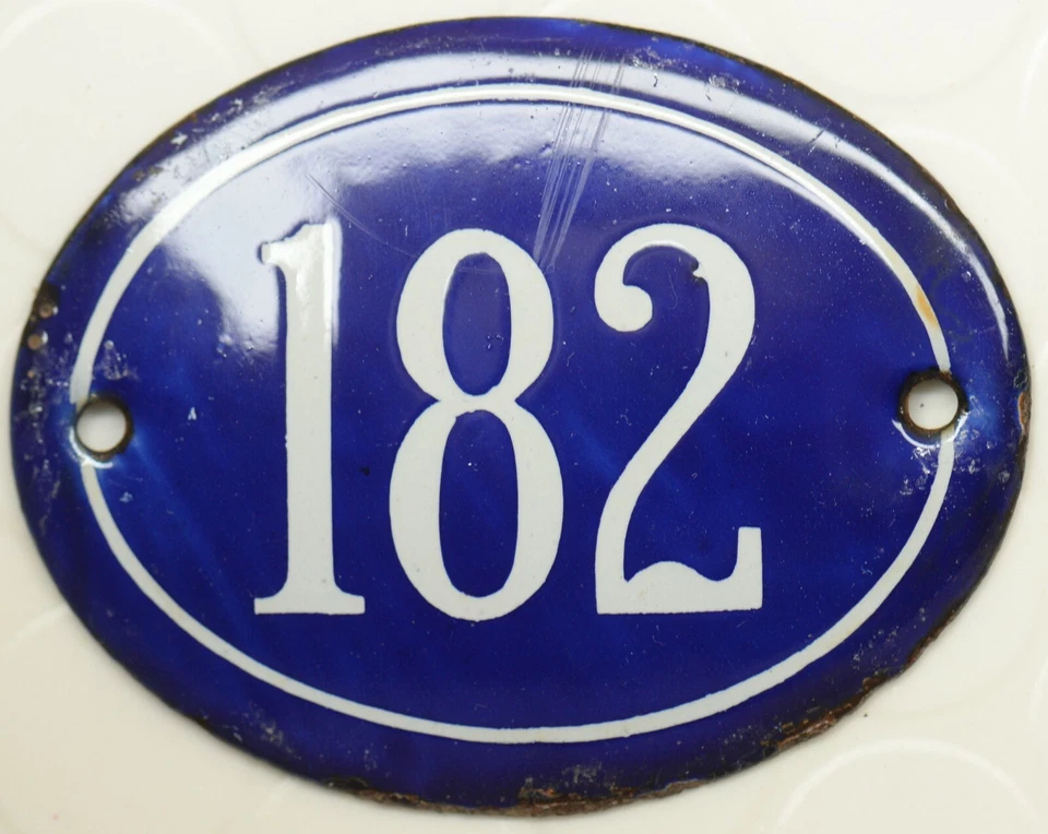Old blue oval French house number 182 door gate plate plaque enamel steel sign - Image 1 of 1
