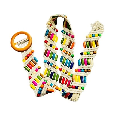 Винтажный разноцветный вышитый бисером богемный деревянный ремень с пряжкой ручной работы хиппи 29–30 дюймов - Изображение 1 из 4