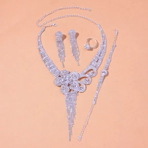 Women Full Shiny Rhinestone Tassel Necklace Earring Ring Bracelet Bridal Jewelry - Picture 1 of 6