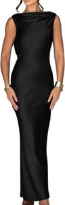 Memoriesea Women's Satin Elegant Sleeveless High Neck Tie Cocktail Party Maxi Dr - Picture 1 of 15