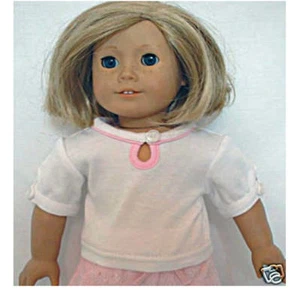 White Keyhole Short Sleeve T Shirt with Pink Trim Fits 18" American Girl Dolls - Picture 1 of 1