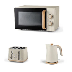 Cream Wood Textured Scandi Kettle Toaster Microwave Set Stylish Kitchen Esential - Picture 1 of 11