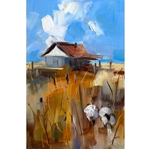 Pintura al óleo de paisaje original casa de ovejas campo de granja 4x6 en obras de arte - Imagen 1 de 4