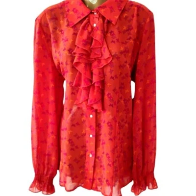 Sheer Orange Ruffle Blouse XL Long Sleeve Flounced Butterfly Bright Wear to Work - Image 1 of 4