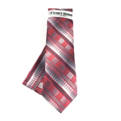 Stacy Adams Men's Tie and Hanky Set Fire Red Silver Charcoal Plaid Stripes 3.25" - Image 1 of 3