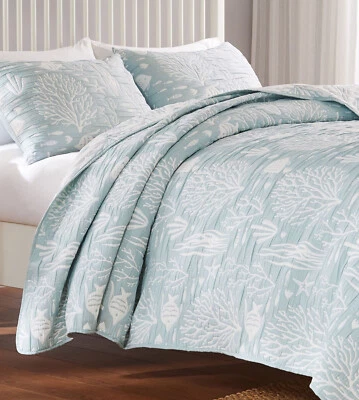 MARINA SEAFOAM GREEN 3p Queen QUILT SET : CORAL FISH  BEACH OCEAN SHELL TROPICAL - Image 1 of 4