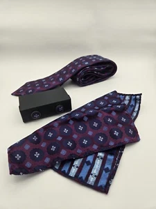 Conjunto de corbata de seda Bennevis para hombre gemelos florales púrpura cuadrado de bolsillo caja de regalo nuevo con etiquetas - Imagen 1 de 5