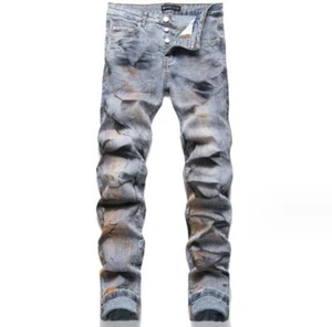 Herren Retro blau bedruckt gerades Bein Denim Punk Boy Jeans Knopfleiste Hip Hop Hose - Bild 1 von 12