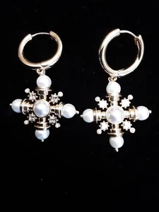 Weworewhat Earings goldtone Faux Pearls Rhinestones Hoop Dangle Pendant - Picture 1 of 7