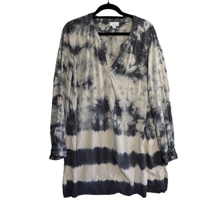 J Jill Pure Jill Tie Dye Satin Long Sleeve Tunic Top Women's Large Grey White - Image 1 of 4