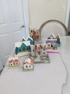 Lote De Colección De 8 Casas De Navidad Putz Mica Cartón Hecho En Japón Iglesia  - Imagen 1 de 21