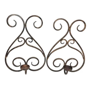 Set Of 2 Rustic Metal Wall-Mounted Candle Sconces With Swirl Design Distressed - Picture 1 of 8
