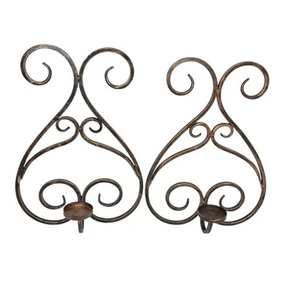 Set Of 2 Rustic Metal Wall-Mounted Candle Sconces With Swirl Design Distressed - Image 1 of 4