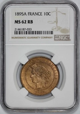 1895-A France 10c Ten Centimes NGC MS 62 RB - Image 1 of 4