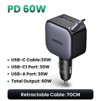 Cable retráctil cargador coche UGREEN 145W Nexode USB-C QC PD 3.0 para iPhone Mac Foto 1 de 4