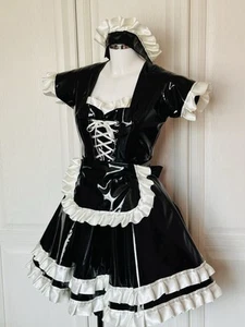 Abito da damigella Sissy Misfitz nero in PVC e raso avorio. TAGLIA 20. CD Goth Fetish TV - Foto 1 di 9