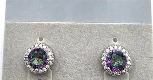 925 Sterling Silber Mystic Topas Halo Ohrstecker Regenbogen CZ rund ~1 Karat - Bild 1 von 7
