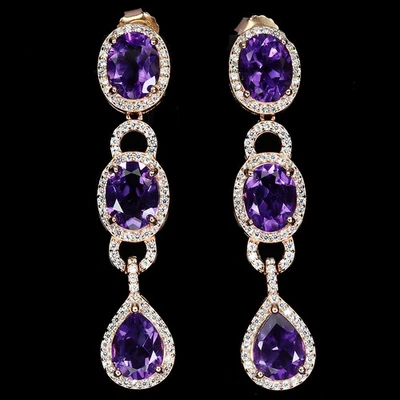 925 Orecchini Argento Sterling Ovale Ametista 9x7mm Naturale Gemma Gioielli - Immagine 1 di 4