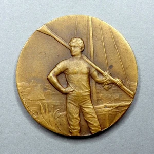 Rowing, Man, Victory. Sport Contest. French Antique Bronze Medal Magdelaine. - Picture 1 of 5