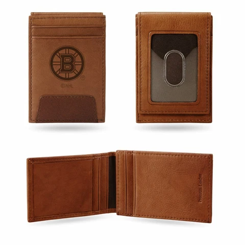 Boston Bruins NHL Embossed Premium Brown Leather Front Pocket Money Clip Wallet Cover