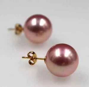 Pendientes redondos AAAA 11-10mm Mar del Sur púrpura rosa perlas oro amarillo 14K - Imagen 1 de 3