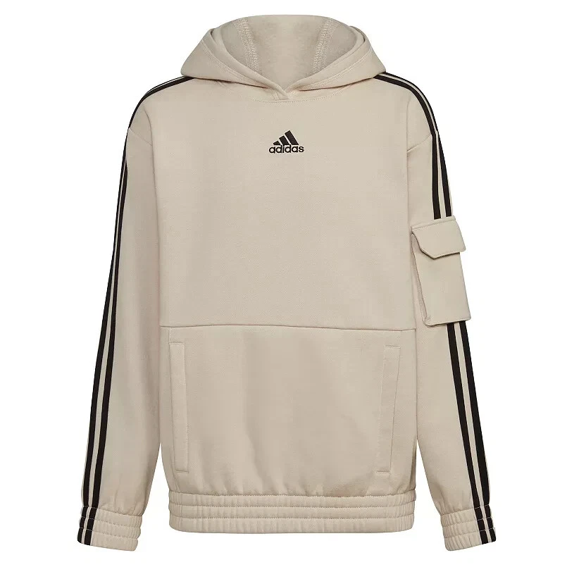 Boys Size Sm 7/8 Adidas Cargo 3-Stripes Fleece Hoodie Tan & Black - NWT - Image 1 of 1