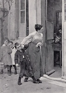 1800er Jean GEOFFROY antiker Druck "Lehrer & freches Kind" SIGNIERT gerahmt COA - Bild 1 von 2