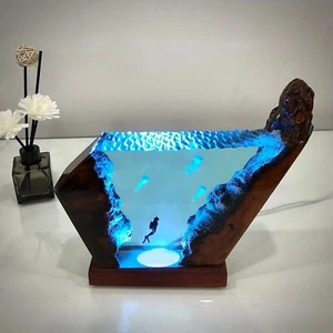 Jellyfish Diver Epoxy Resin Wood Night Light Ocean Art Resin Home Decor Gift - Picture 1 of 10