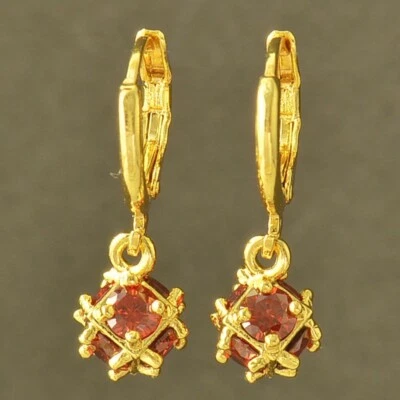 Cute New Yellow Gold Filled Red CZ Cubic (Magic) Ball Mini Hoop Dangle Earrings - Image 1 of 4