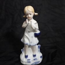 Vtg Girl With Pigtails Holding Basket & Bird White Blue 6 in Porcelain Figurine