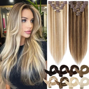 Clip in Hair Extensions Real Human Hair Weft Full Head 8 Pieces 12 14 16 18 Inch - Picture 1 of 74