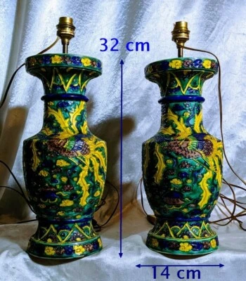 Paire de Vases Montés en Lampes Faïence du Japon Polychrome Jaune Vert Bleu 1900 - Photo 1/4