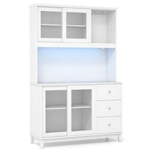Kitchen Pantry Storage Cabinet Kitchen Hutch with LED lights and Power Outlet-Wh - Picture 1 of 5