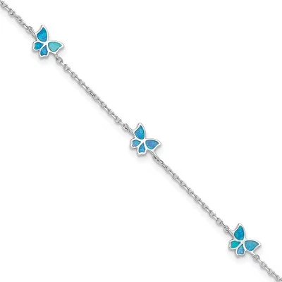 Sterling Silver Blue Lab Created Opal Butterflies Anklet 9" w/ .5in ext. 2.4gm - Image 1 of 4