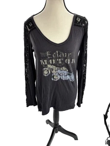 We The Free Womens XS Black Long Sleeve Graphic Top Lace Inset Boho Motorcycle - Picture 1 of 6