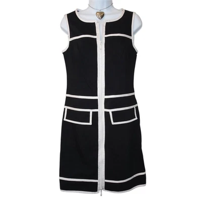 Y2K Black White Contrast Trim 60s 70s Retro Twiggy Mod Zip Up Vintage Goth Dress - Image 1 of 4